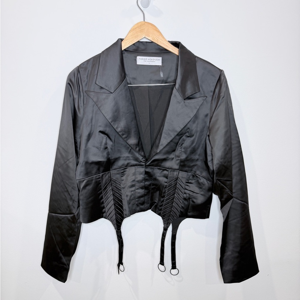 Naked Wardrobe The Statement Black Satin Cropped Corset Blazer Garter Straps